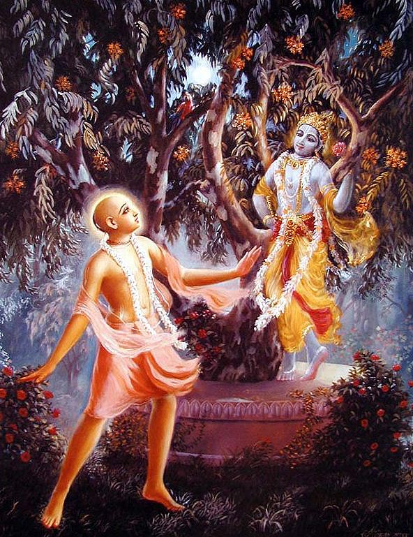 Господь Чайтанья созерцает Шри Кришну на дереве Ашока