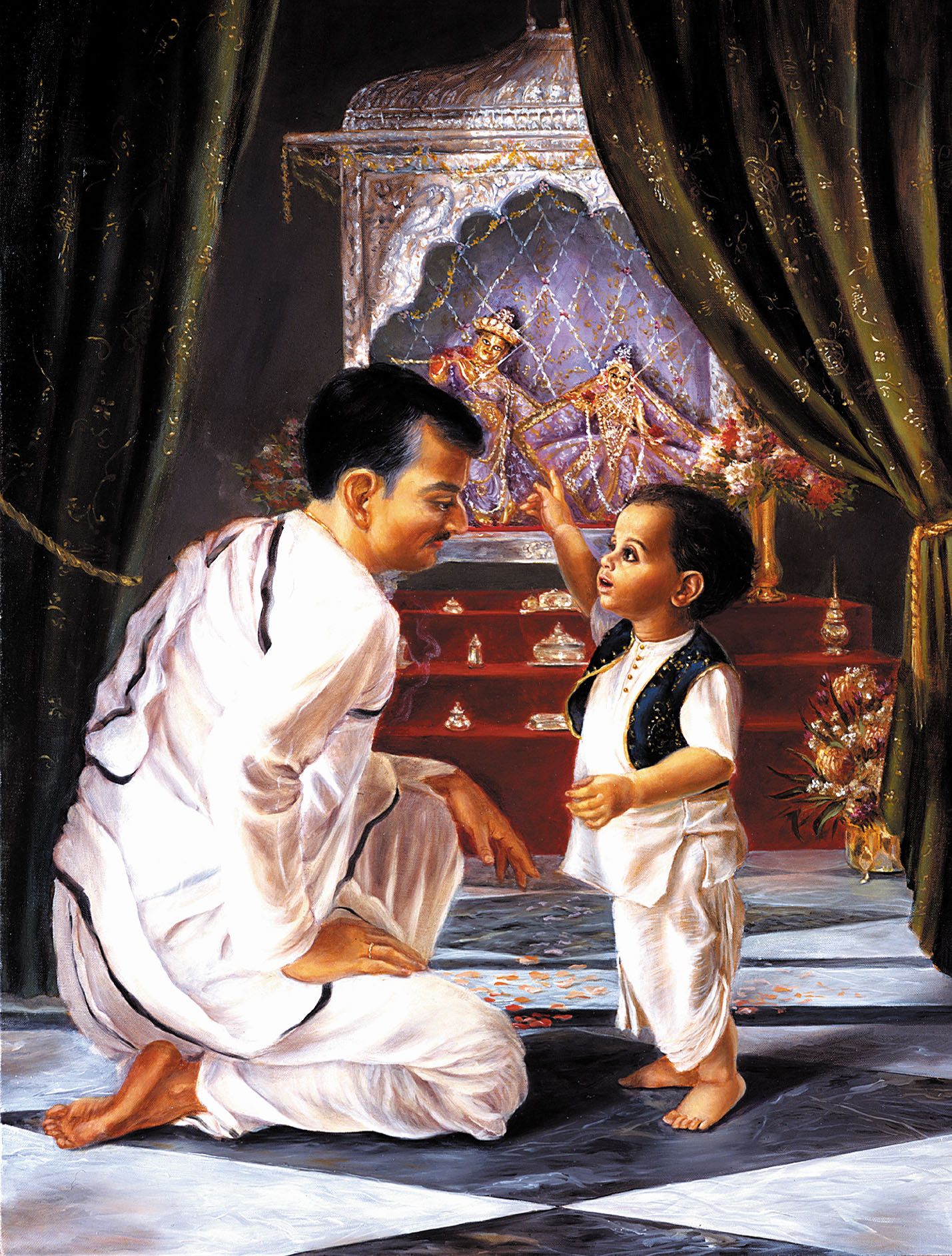 Маленький Абхай с отцом перед Божествами