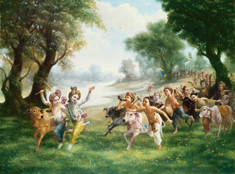 Кришна и его друзья-пастушки играют и присматривают за телятами