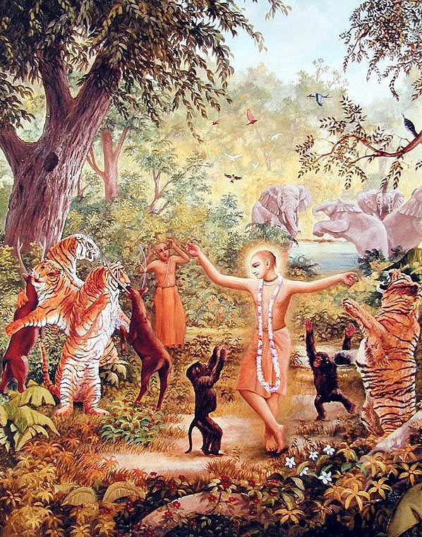 Господь Чайтанья танцует с лесными животными