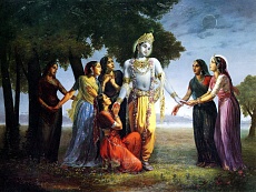 Кришна покидает Вриндаван, Акрура видит Господа